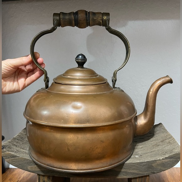Vintage copper teapot kettle tin lined inside & wood handle - Picture 2 of 11
